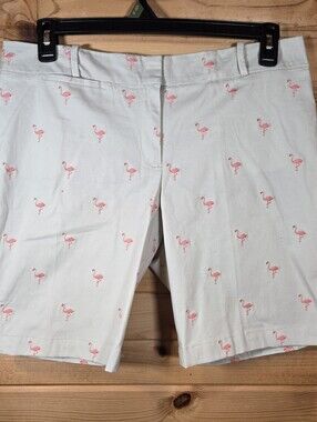 Talbots Signature Shorts 12P Tan All Over Embroidered Flamingos Summer Beach EUC